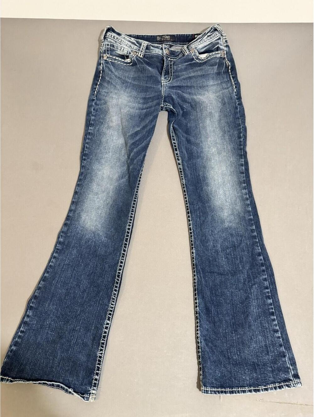 Silver Jeans Suki Mid Boot Blue Flare Thick Stitching W33/L33